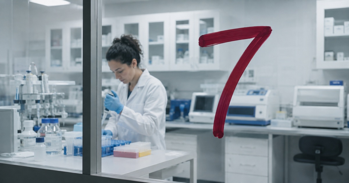Laboratory scientist working behind glass marked with a large red number seven.