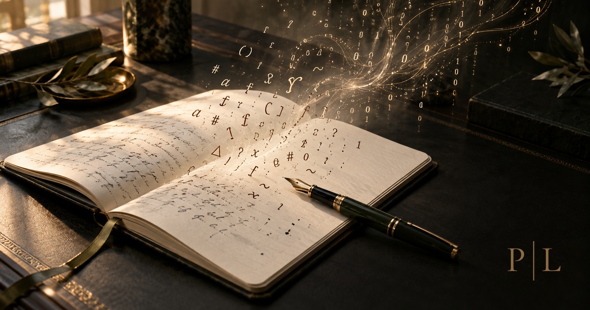 Open notebook and fountain pen with handwritten symbols and binary digits rising from the pages, marked with the gold P | L monogram